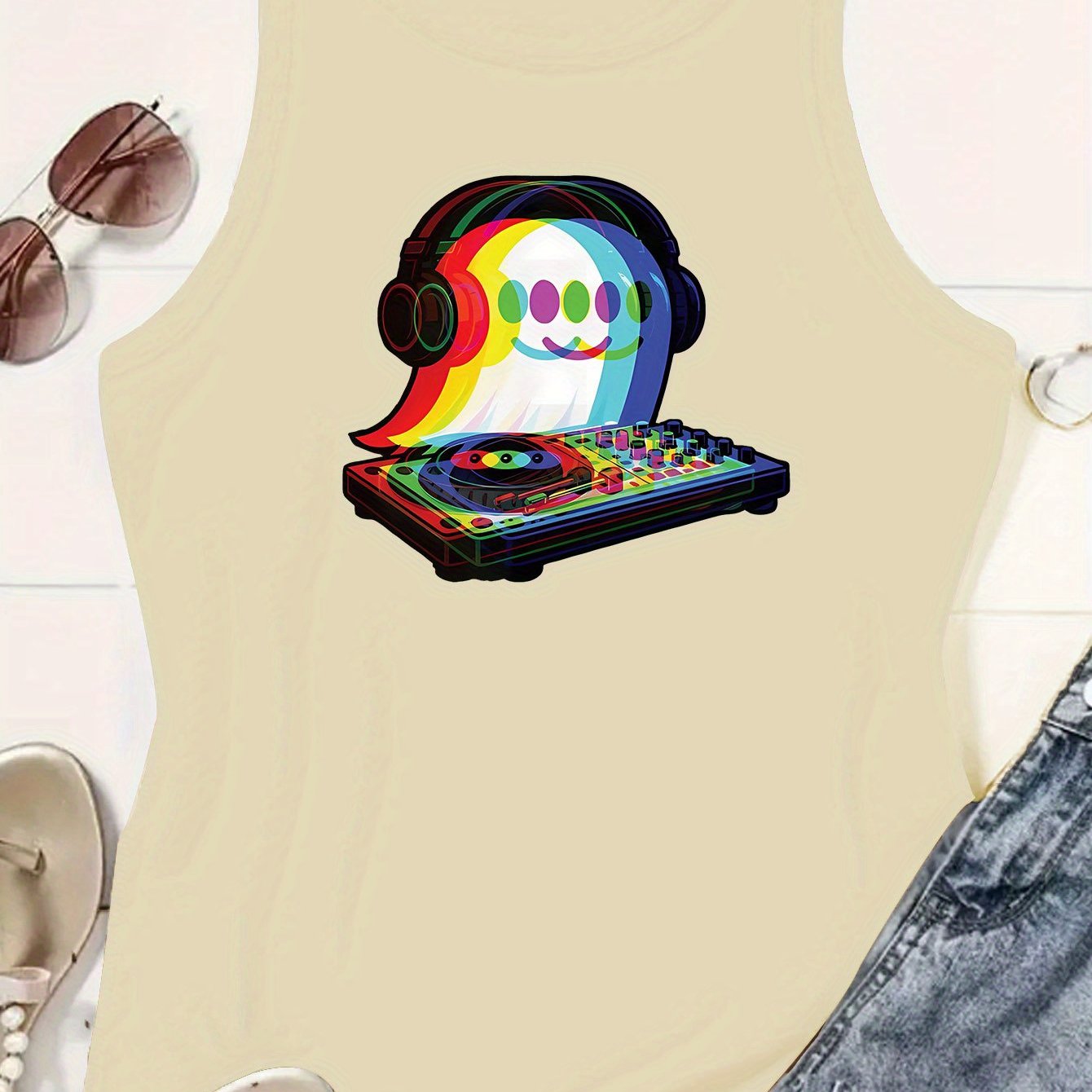 Women's Casual Sleeveless Tank Top with DJ Music Graphic Print - EDM Rave-Inspired Acid House & Psychedelic Pop Design, Stretchy Comfort Fit, Machine Washable for Clubbing, Festivals & Casual Attire, Ladies Tank Tops, Festiva