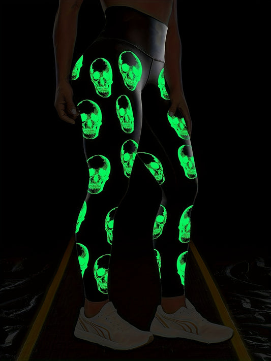 [Glow Halloween Leggings] Stretchy, Comfortable Glow-in-the-Dark Halloween Skull Print High Waist Yoga Leggings for Women | Black Sports Pants for Nighttime Workouts or Casual Wear, Casual Sportswear