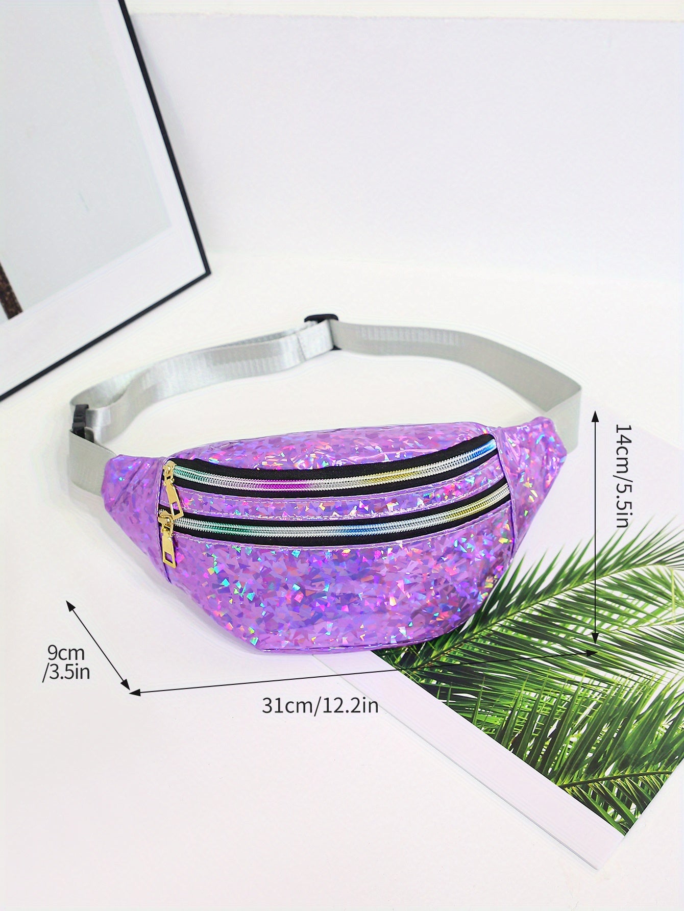 Holographic Sequin Waist Bag for Women - Stylish Crossbody Belt Bag with Adjustable Strap, Zipper Closure, And Glittery Purple, White, And Pink Patterns - Perfect for Outdoor Activities, Travel, And Everyday Fashion, Crossbod