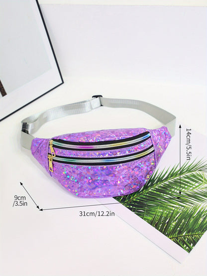 Holographic Sequin Waist Bag for Women - Stylish Crossbody Belt Bag with Adjustable Strap, Zipper Closure, And Glittery Purple, White, And Pink Patterns - Perfect for Outdoor Activities, Travel, And Everyday Fashion, Crossbod