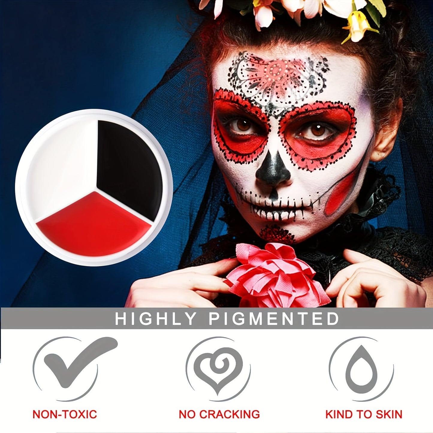 [Gentle] Professional Face & Body Paint Palette - Black, White, Red Oil-Based Cream for Halloween, Clowns, Zombies, Vampires - Easy Blend, Long-Lasting Adult Costume Makeup, Halloween Costumes
