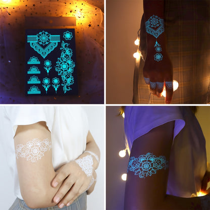 6 Sheets Glow-in-the-Dark Blue Luminous Tattoo Stickers - Tribal White Lace Lotus Mandala Flower Designs, Waterproof Fake Jewelry Pendant Pattern, Perfect for Wedding, Music Festival, Party Supplies and Daily Wear - Easy to A