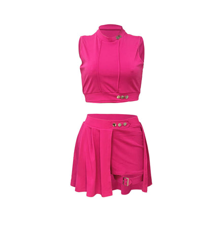 Sexy Button Two-piece Set, Mock Neck Crop Tank Top & High Waist Skirt Outfits, Women's Clothing