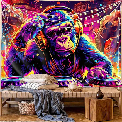 1pc Anime-Themed Blacklight Reactive Glow Tapestry, UV-Activated Wall Hanging with DJ Gorilla & Elephant, Knit Polyester Fabric, 85gsm, for Bedroom Ceiling, Dorm & Living Room Decor, No Electricity Needed