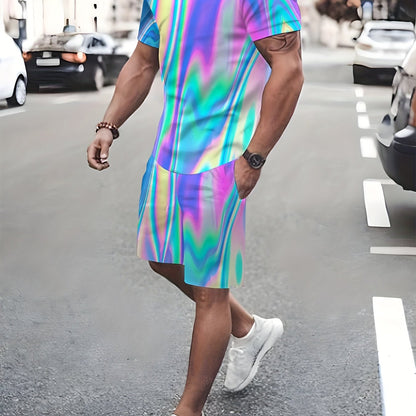 Men'S Vibrant 3D Neon Print Casual Shorts & T-Shirt Set - Stretchy, Anti-Pilling Fabric, White Sneakers, Perfect for Streetwear & Casual Attire, Streetwear Outfit|Vibrant Print Design|Stretchy Fabric