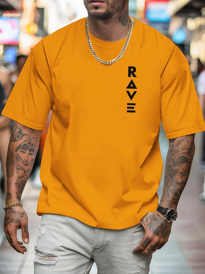 R V Men's Short Sleeve T-Shirt - Vibrant Yellow with Bold RAVE Graphic Print, Breathable Round Neck Casual Top for Summer Beach Resorts & Outdoor Activities
