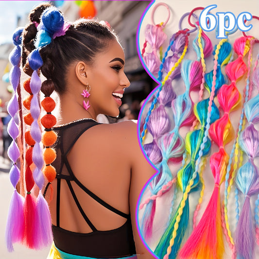 6pcs Clip-On Synthetic Hair Extensions for girls - Lantern Bubble Braids with Gradient Color Stripes, Elastic Band for Secure Attachment, Adds Volume & Length for Parties, Festivals, Cosplay, Party Hair Accessory, Easy Attach