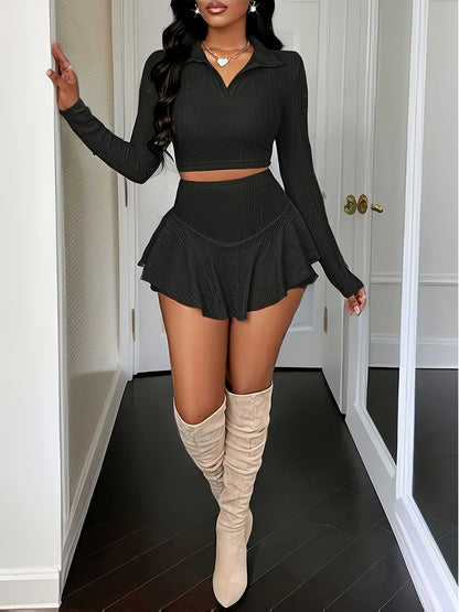 Women'S Stylish Two-Piece Long Sleeve Skirt and Top Set