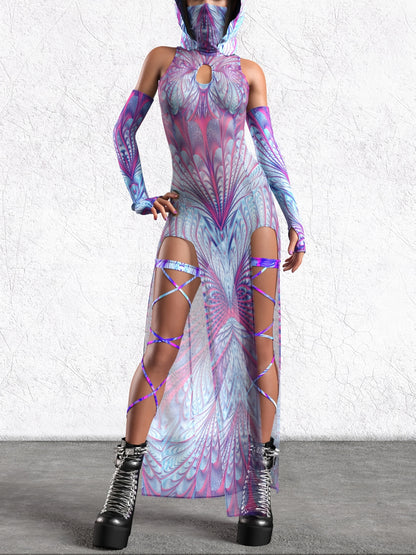 Women'S Cosmic Starry Pattern Futuristic Superhero Costume Dress - Sleeveless Bodycon with Hooded Neck, Geometric Design for Halloween, Cosplay, Themed Parties & Year-Round Fashion
