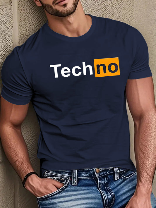 Men's Casual Summer T-Shirt - Soft Breathable Fabric with Bold "Techno" Letter Print & Orange Accent, Ribbed Collar, Regular Fit for Casual Attire, Summer T Shirts, Classic Round Neckline, Comfortable Tee Construction