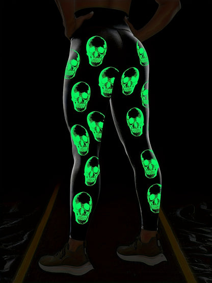 [Glow Halloween Leggings] Stretchy, Comfortable Glow-in-the-Dark Halloween Skull Print High Waist Yoga Leggings for Women | Black Sports Pants for Nighttime Workouts or Casual Wear, Casual Sportswear