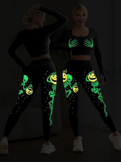 Women's High-Waist Yoga 2pcs Set, Halloween Skull Pumpkin Glow-in-the-Dark U-Neck Bra and Long Sleeve Top, High-Waist Stretchy Black Leggings with Printed Skeleton & Fluorescent Pumpkin Design, Women's Casual Sportswear Pants