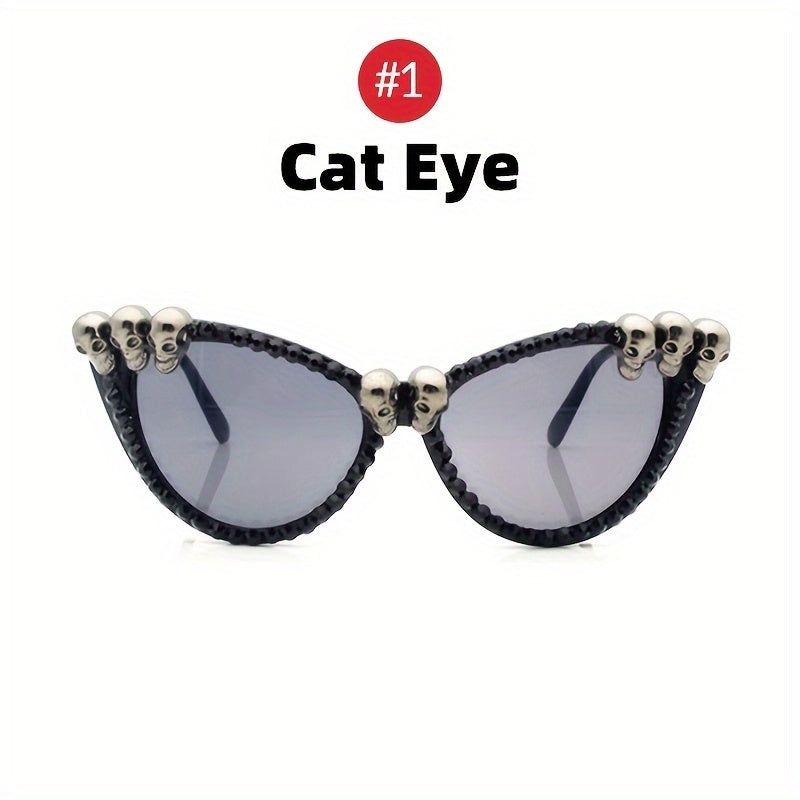 Vintage Gothic Skull Cat Eye Fashion Glasses - Plastic Frame with Crystal Embellishments, Suitable for Both Men And Women, Perfect for Halloween And Party Events.