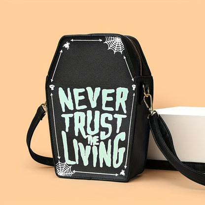 1pc Halloween Coffin-Shaped Fashion Shoulder Bag for Women, Sexy Gothic Faux Leather Crossbody Purse with "Never Trust The Living" Print, Zip Closure, Polyester Lining, and Edge Detailing