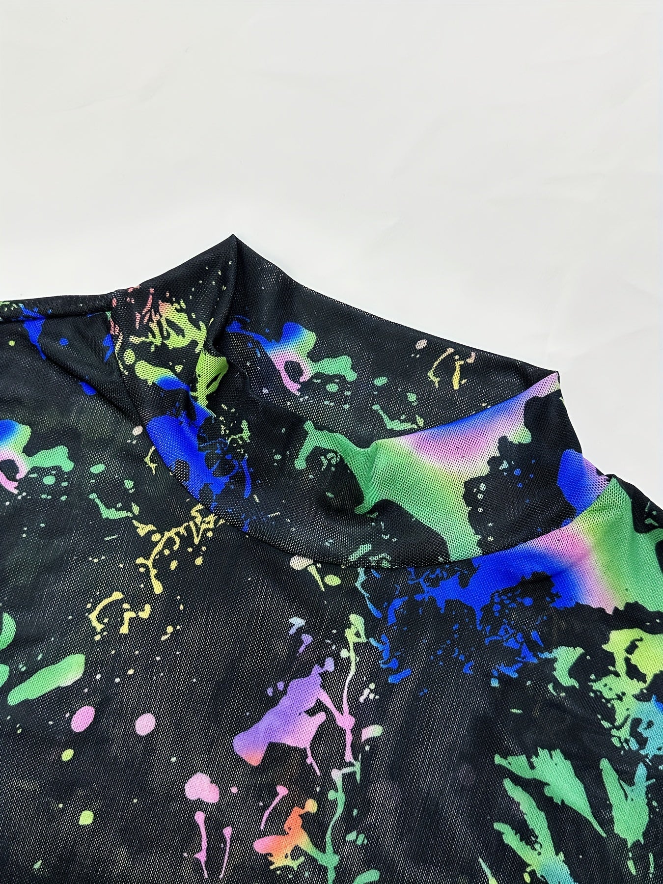 Women's Sexy Semi-Sheer Mesh Long Sleeve Dress - Colorful Paint Splatter Print, High Elasticity Bodycon Fit with Side Slit, Machine Washable All-Season Party & Casual Outfit, Evening Wear