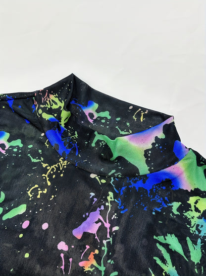Women's Sexy Semi-Sheer Mesh Long Sleeve Dress - Colorful Paint Splatter Print, High Elasticity Bodycon Fit with Side Slit, Machine Washable All-Season Party & Casual Outfit, Evening Wear