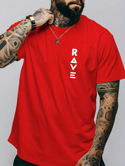 R V Men's Short Sleeve T-Shirt - Vibrant Yellow with Bold RAVE Graphic Print, Breathable Round Neck Casual Top for Summer Beach Resorts & Outdoor Activities