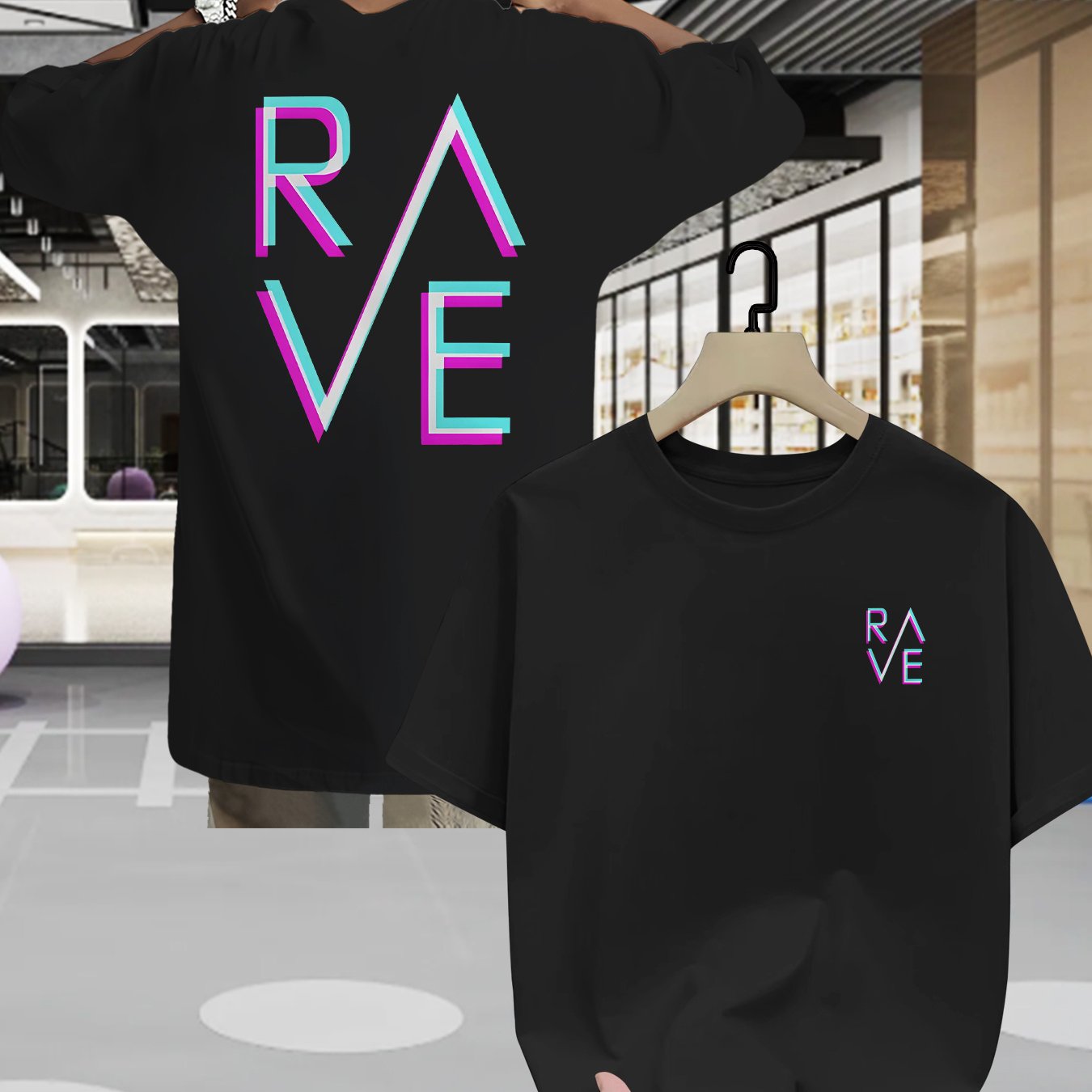 Men'S Summer Casual RAVE Graphic T-Shirt - Black with Pink & White Neon Print, Short Sleeve, Round Neck, Lightweight Polyester Blend, Perfect for Casual Attire, Everyday Tshirt | Round Neck Shirt | Comfortable Fit