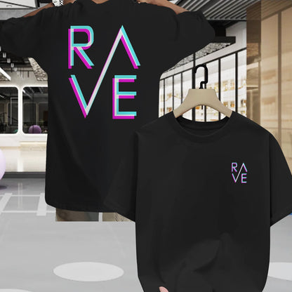 Men'S Summer Casual RAVE Graphic T-Shirt - Black with Pink & White Neon Print, Short Sleeve, Round Neck, Lightweight Polyester Blend, Perfect for Casual Attire, Everyday Tshirt | Round Neck Shirt | Comfortable Fit
