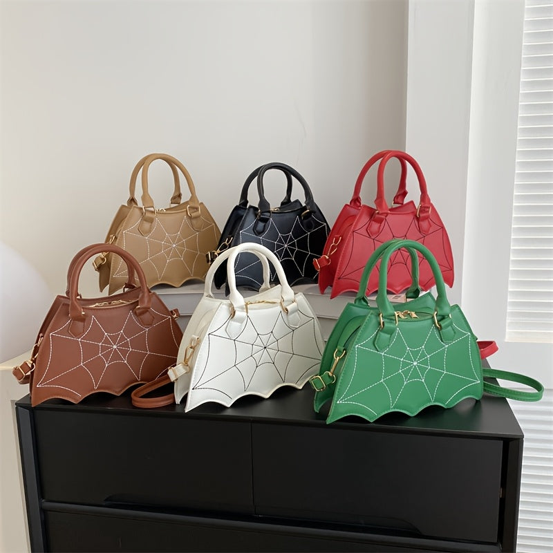 Halloween Women'S Bat Wing Spider Web Handbag - Lightweight Synthetic Faux Leather Tote with Geometric Spider Web Design, Zipper Closure & Detachable Strap, Gothic Style for Daily Use or Party Outfits, Durable Polyester Linin
