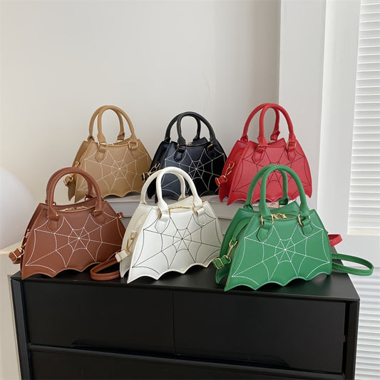 Halloween Women'S Bat Wing Spider Web Handbag - Lightweight Synthetic Faux Leather Tote with Geometric Spider Web Design, Zipper Closure & Detachable Strap, Gothic Style for Daily Use or Party Outfits, Durable Polyester Linin
