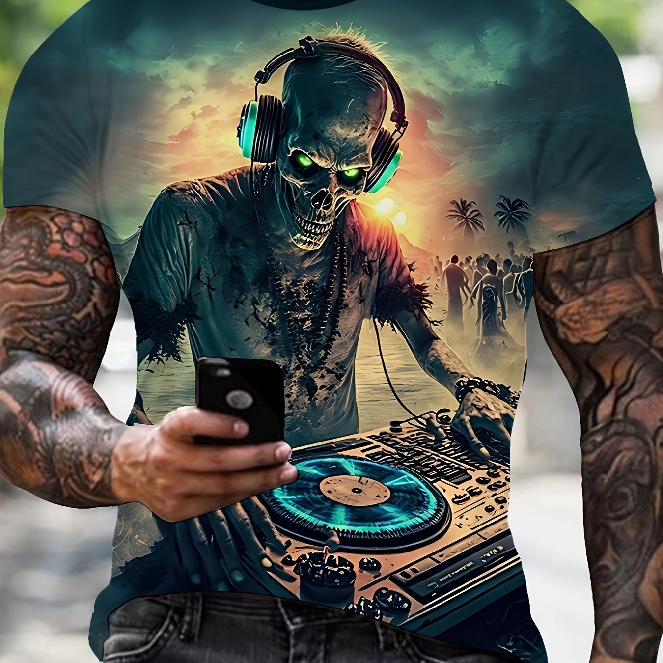 Men's Zombie DJ Graphic T-Shirt - with Glowing Green Eyes, Dark Blue Crew Neck Tee for EDM Clubs, Halloween Parties & Streetwear - Machine Washable Summer Shirt for Music Lovers, Party Outfit, Bold Print, Highquality Print, S