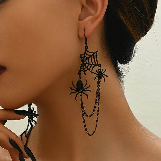 Vintage-Inspired Spider Web Dangle Earrings - Gothic Chic Drop Design with Rhinestones, Durable Zinc Alloy Construction, No Plating, Iron Ear Needle, Perfect for Halloween Festival Party Celebration, All Season Wear, and Ever
