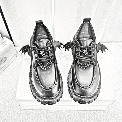 [Goth Bat Wing Flats] Goth Bat Wing Design Women's Stylish Black Lace-Up Flats | Silvery Star Charms & Chain Detail, Thick Rubber Sole, All-Season Comfort, Sweet & Edgy Fashion Statement