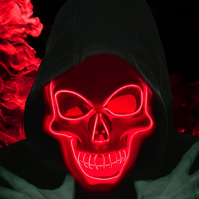 LED Glowing Skull Mask with Blue Light Effects - Self-Lit Halloween Costume Party Mask with Expressive Eyes & Sharp Teeth, Battery-Powered (Batteries Not Included) for Men's Costumes, Themed Events, Gothic Performances - Comp
