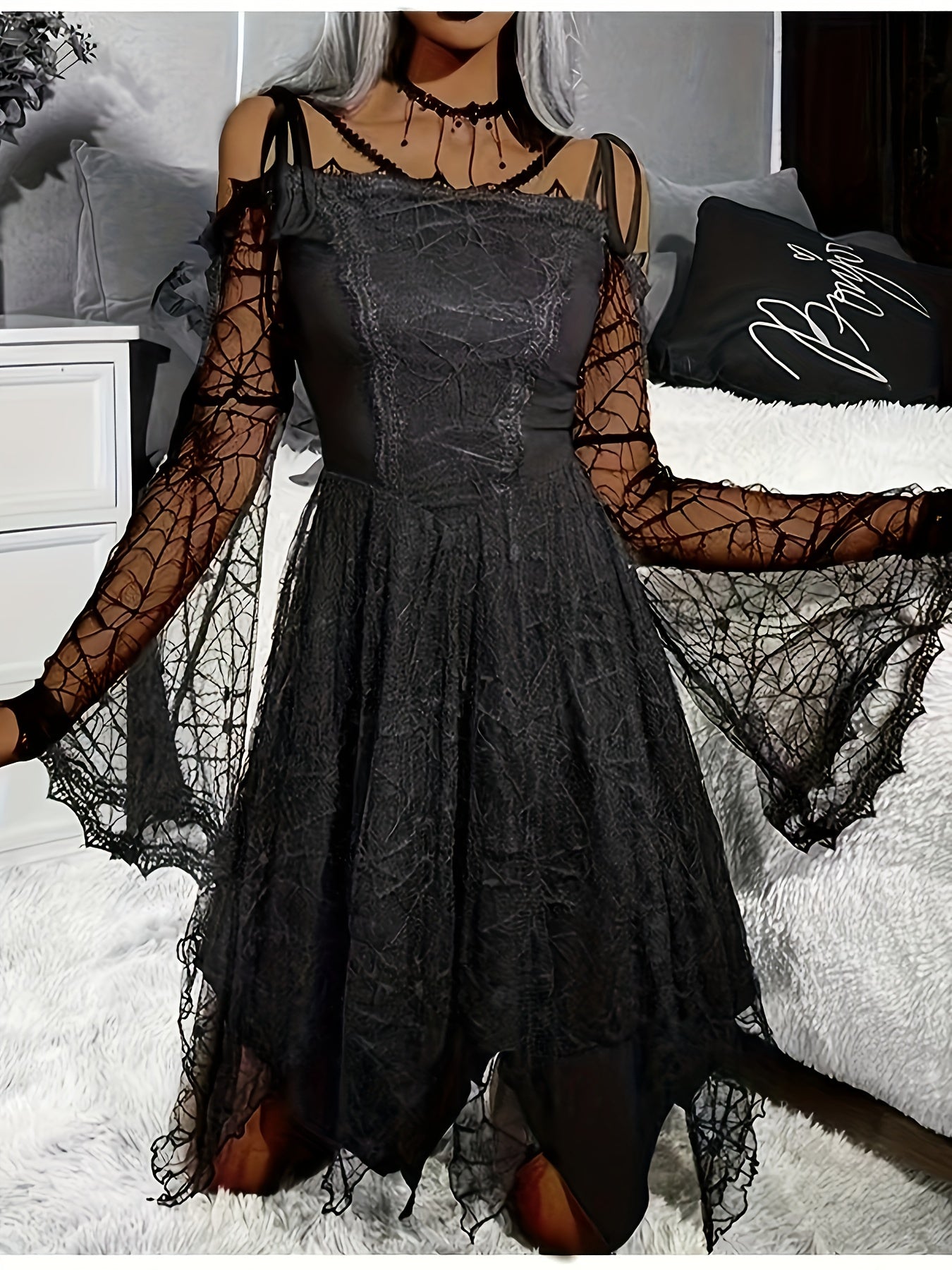 European And American Fashion Dark Wind Lace Patchwork Cobwed Tight Irregular Skirt High Waist Slimming Dress