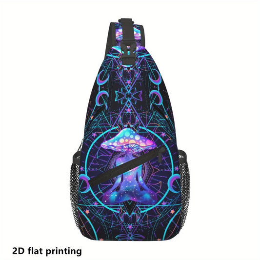 1pc Neon Mushroom Print Crossbody Chest Pack - Psychedelic 2D Flat Printing, Durable Polyester with Zipper Closure & Adjustable Strap for Outdoor Hiking, Cycling, Travel - Women's Fashionable Lightweight Daypack, Cycling Gear