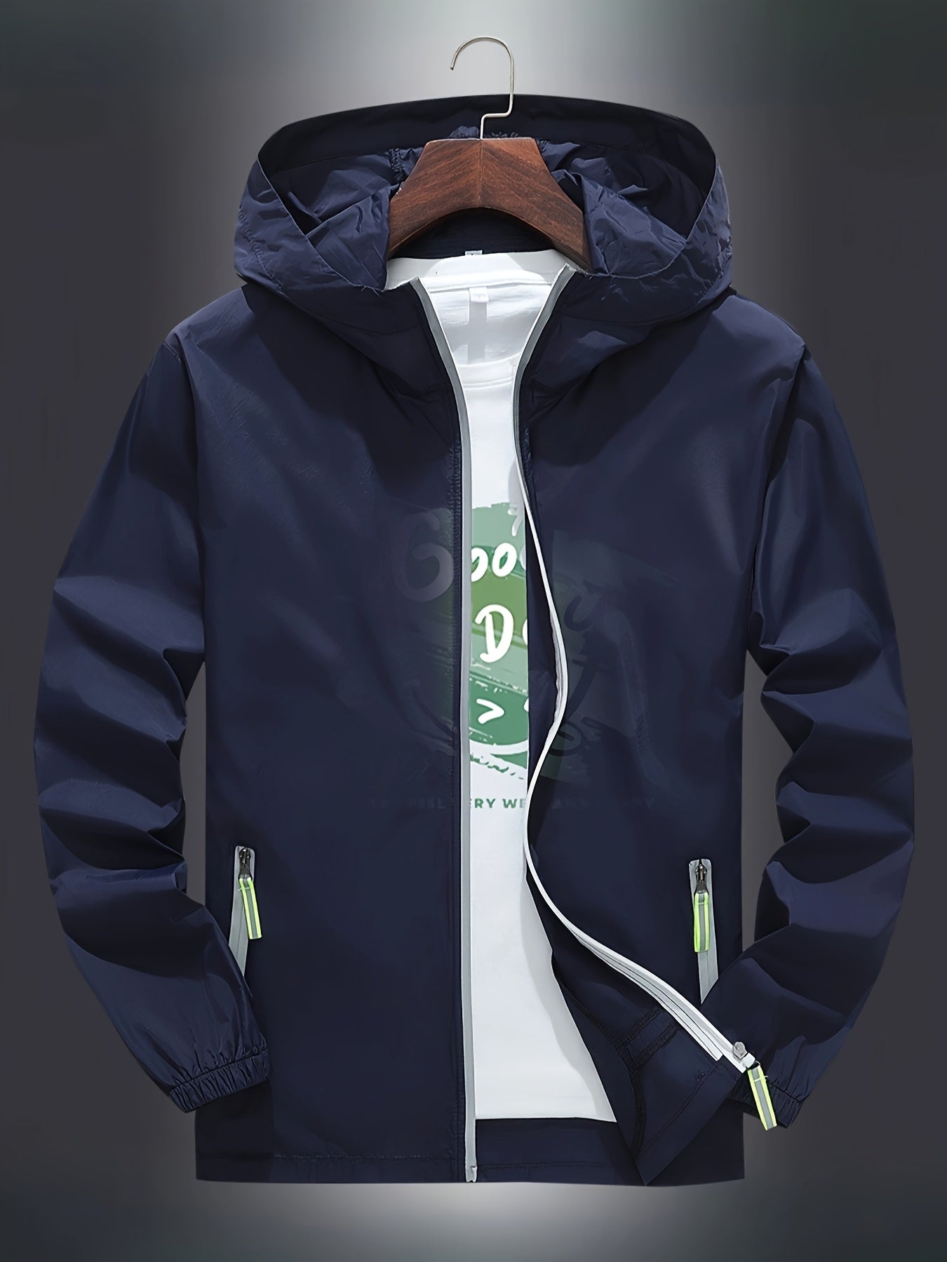 Men's Zip-Up Hooded Jacket - Breathable Reflective Outerwear for Gym, Cycling, Hiking & Beach Use - Lightweight Spring/Summer/Autumn Outdoor Wear with Zippered Storage Design. High-Quality Unisex Hoodie Perfect for Water Spor