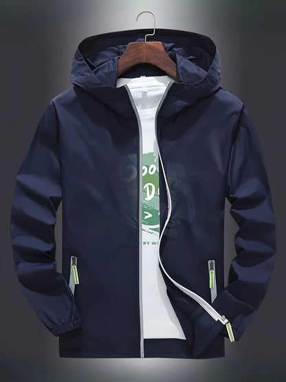 Men's Zip-Up Hooded Jacket - Breathable Reflective Outerwear for Gym, Cycling, Hiking & Beach Use - Lightweight Spring/Summer/Autumn Outdoor Wear with Zippered Storage Design. High-Quality Unisex Hoodie Perfect for Water Spor