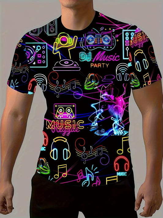 Men'S Retro Party Night T-Shirt - Vibrant Neon Music & DJ Design, Polyester, Short Sleeve Crew Neck - Machine Washable, All-Season Casual Tee with "PARTY NIGHT" Print, Ideal for Parties & Casual Attire, Summer Tee|Discothemed