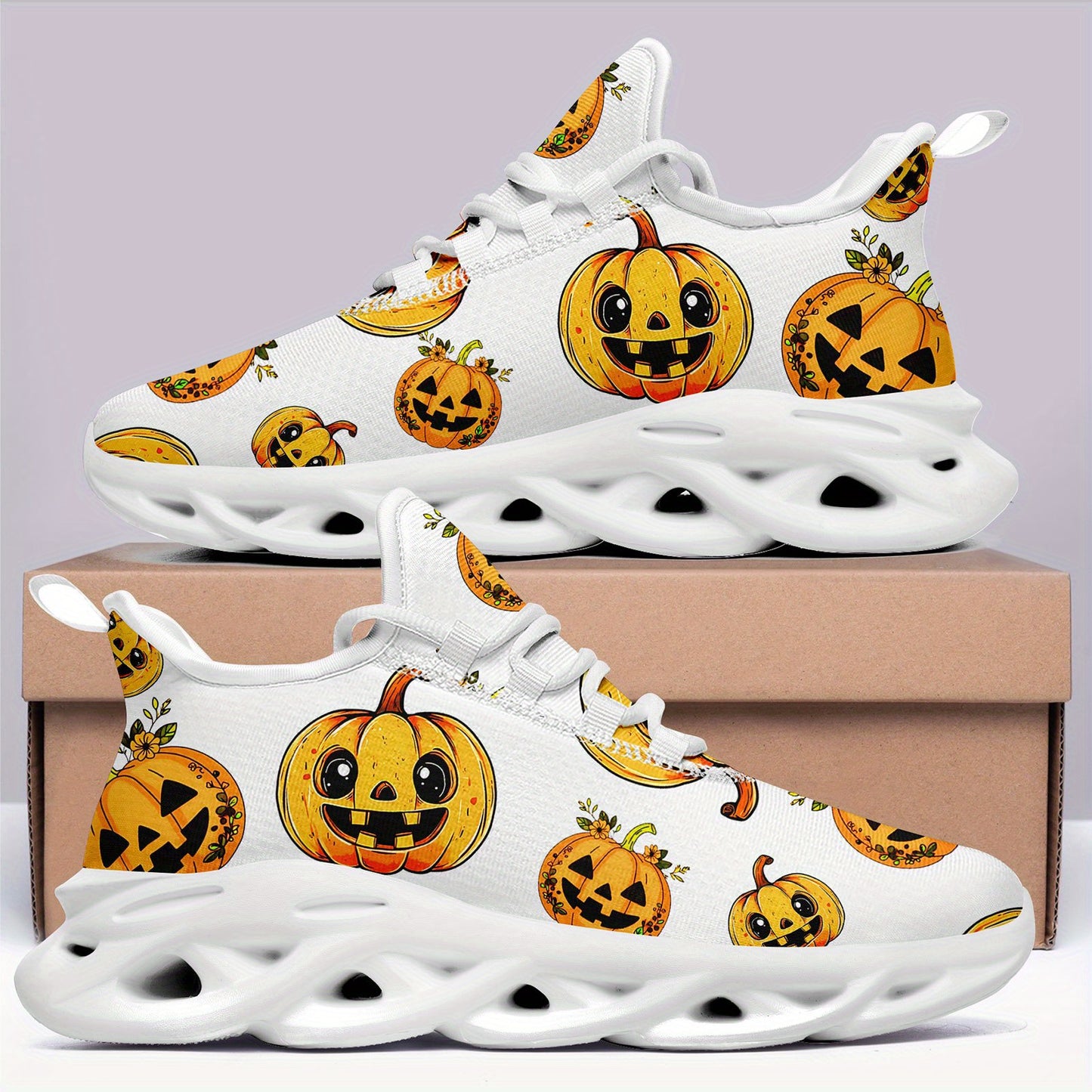Men'S Halloween Pumpkin Print Casual Sneakers - White Low-Top Lace-Up Trainers with Orange & Black Jack-O'-Lantern Design, Comfortable EVA Sole for Daily Wear & Halloween, PLUS SIZE, Halloween Shoes, Trendy Streetwear, Durabl