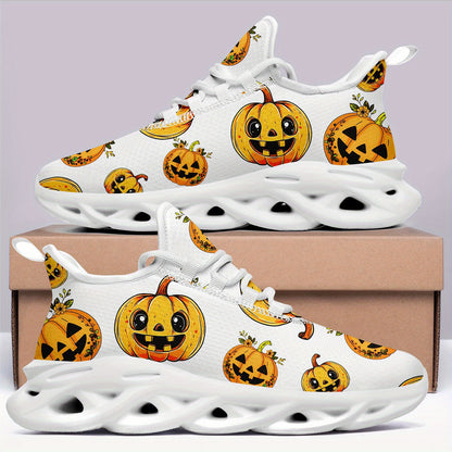 Men'S Halloween Pumpkin Print Casual Sneakers - White Low-Top Lace-Up Trainers with Orange & Black Jack-O'-Lantern Design, Comfortable EVA Sole for Daily Wear & Halloween, PLUS SIZE, Halloween Shoes, Trendy Streetwear, Durabl