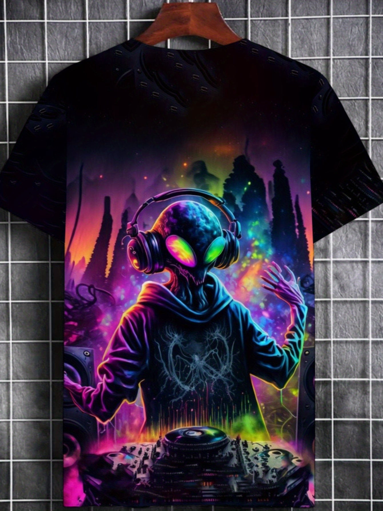 Men's DJ Graphic T-Shirt - Neon Glow Party Tee, Lightweight Club Shirt for Nightlife, Concerts & Casual Outfits - Machine Washable Regular Fit Music Producer Apparel, Music Shirt, Nightclub Clothing, Vibrant Print Tee