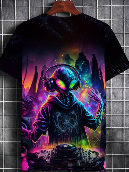 Men's DJ Graphic T-Shirt - Neon Glow Party Tee, Lightweight Club Shirt for Nightlife, Concerts & Casual Outfits - Machine Washable Regular Fit Music Producer Apparel, Music Shirt, Nightclub Clothing, Vibrant Print Tee