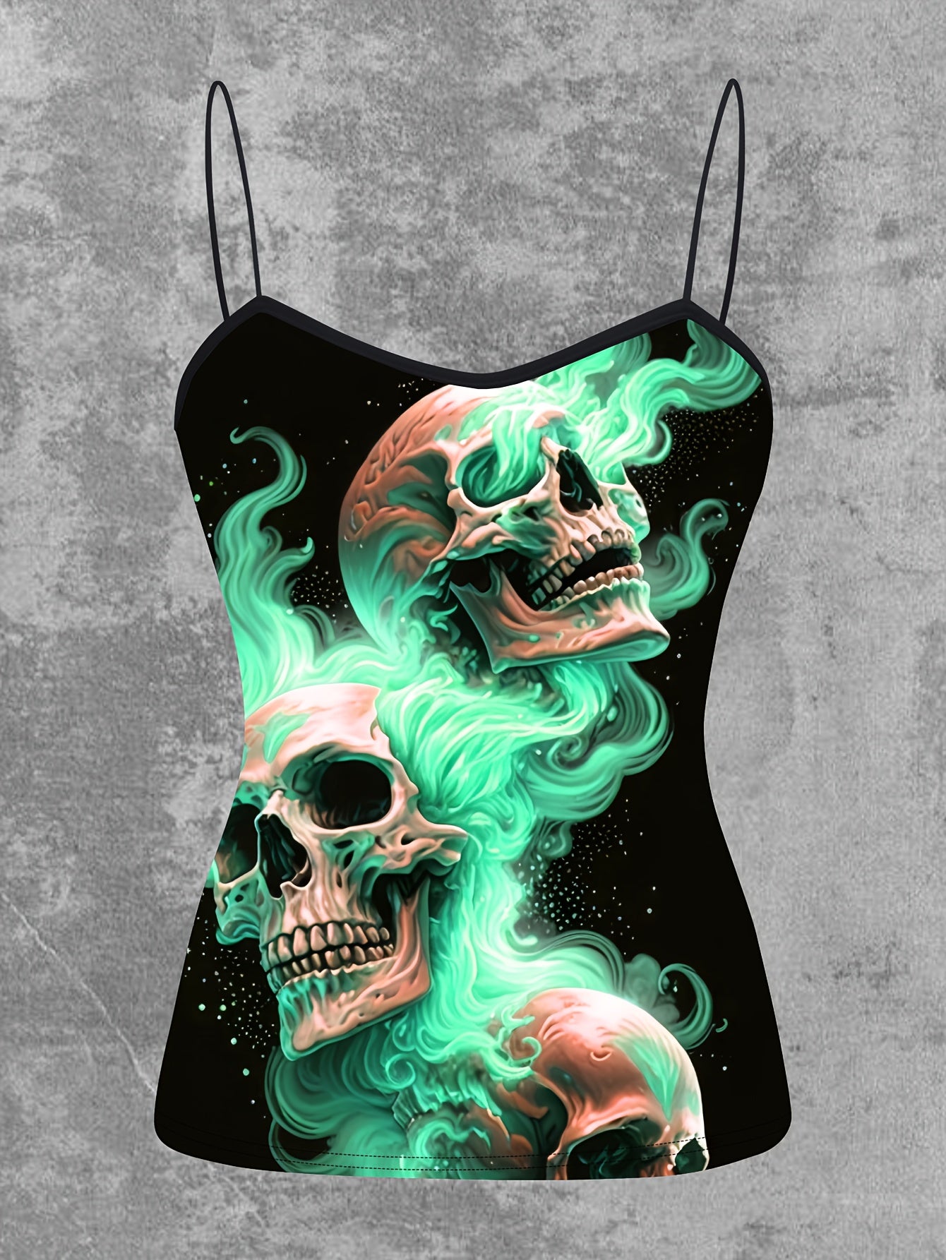 Women's Gothic Pink Flame Skull Graphic Cami Top - Elegant Sleeveless Spaghetti Strap Shirt, Machine Washable, Stretch Fabric, Perfect for Spring/Summer/Fall, Casual Wear | Edgy Chic | Medium Stretch