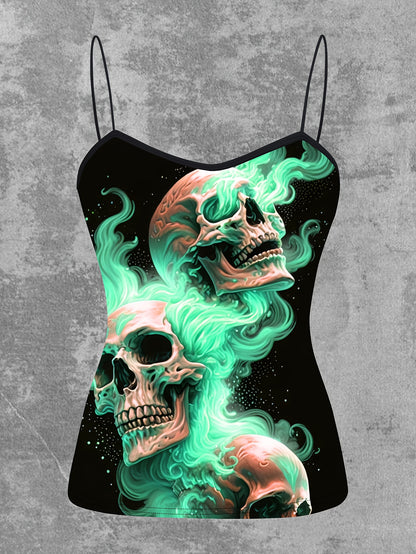 Women's Gothic Pink Flame Skull Graphic Cami Top - Elegant Sleeveless Spaghetti Strap Shirt, Machine Washable, Stretch Fabric, Perfect for Spring/Summer/Fall, Casual Wear | Edgy Chic | Medium Stretch