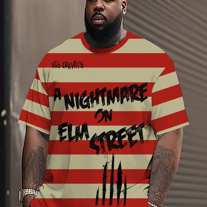 Men's Oversized 3D 'Nightmare on Elm Street' Graphic T-Shirt - Bold Red & White Stripes with Black Text, Stylish & Comfortable Polyester Blend, Summer Casual Tee for Outdoor Activities, BIG SIZE, PLUS SIZE
