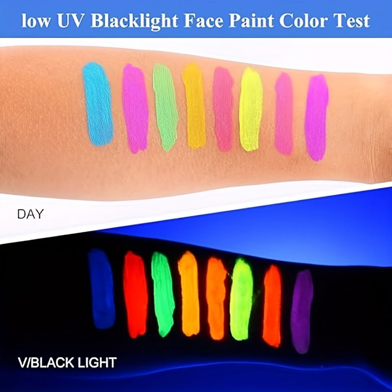 8 Colors Neon Glow in the Dark Face & Body Paint Set - Water Activated, Easy to Apply Paste for Vibrant, Fun & Creative Makeup Looks at Parties, Halloween, and Music Festivals, Party Makeup | Vibrant Neon Makeup | Easy Applic