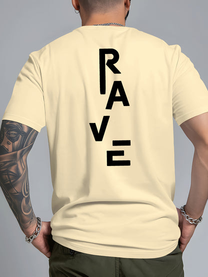 Men's Trendy Summer Short-Sleeve T-Shirt with "Rave" Graphic Print - Breathable, Versatile Round Neck Tee for Beach Vacations & Casual Wear, Breathable Clothing | Relaxed Fit Shirt | Comfortable Fabric, Shirts for Summer