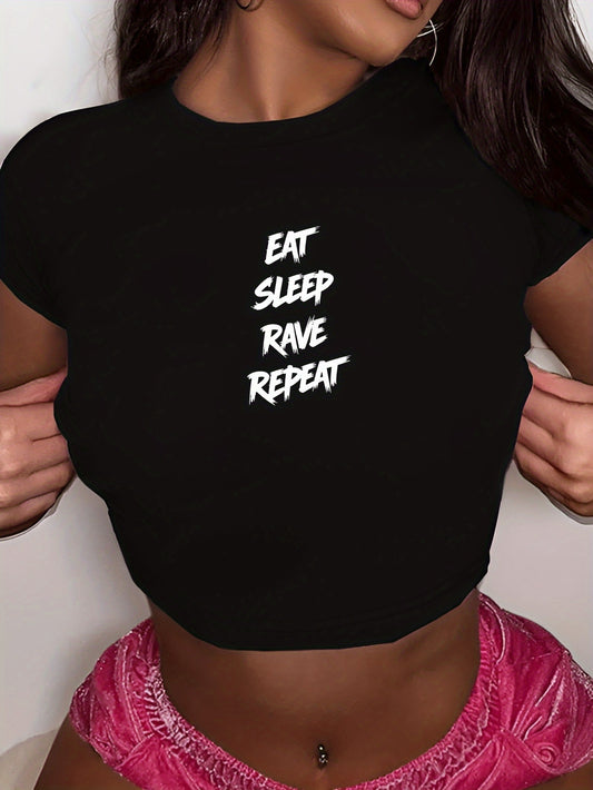 [Y2K Graphic Tee] Pink Polyester Y2K Style Graphic Crop Top T-Shirt - Women's "Eat Sleep Rave Repeat" Crew Neck Tee | Y2K Fashion | Casual Attire, Rave Party Apparel