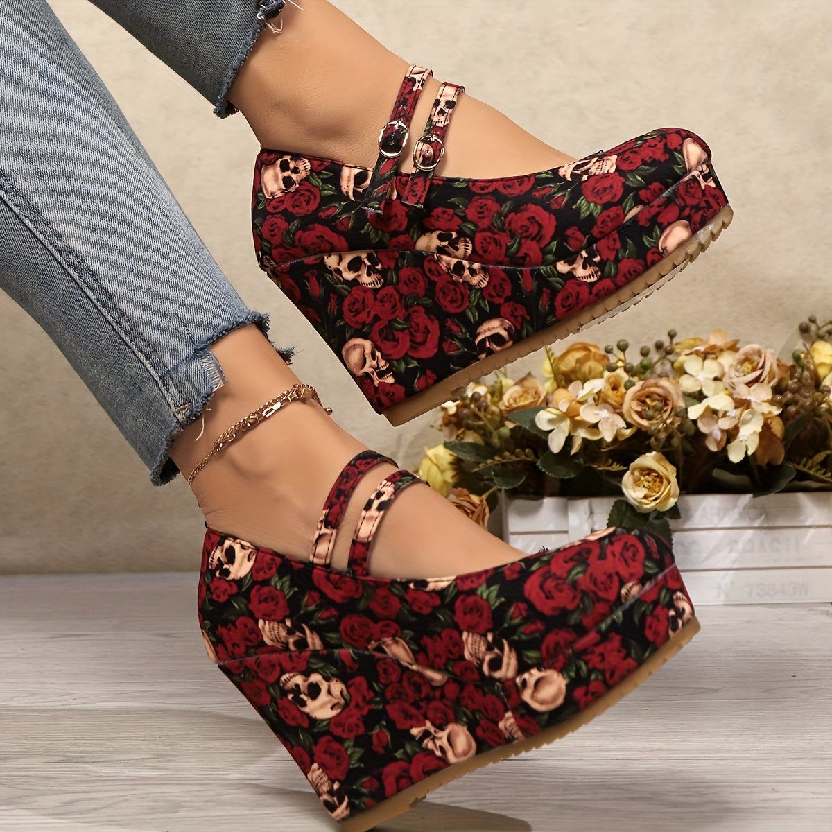 Women's Gothic Rose & Skull Print Wedge Heels - Elegant Ankle Strap Platform Pumps with Metallic Buckle, Red Floral Design on Black Background, Perfect for Casual or Stylish Outfits, Cute Heels