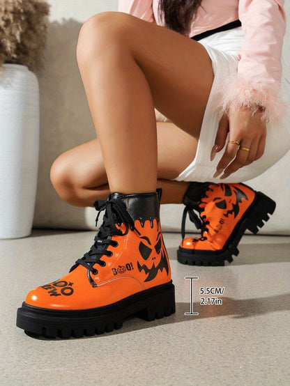 Trendy Plus Size Women's Halloween Print Lace-Up Boots - Thick Low Heel Round Toe PU Cover Short Boots with Rubber Sole, All-Season Comfort for Casual & Festive Occasions