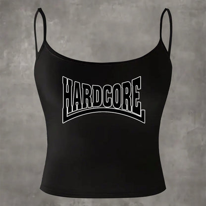 Women'S Black Halter Neck Tank Top with Bold "HARDCORE" Print - Sleeveless, Round Neck, Stretchy Polyester Blend, Perfect for Summer & Casual Wear, Casual Wear Top | Bold Lettering Top | Comfortable Fit