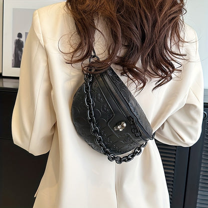 [Skull Crossbody Bag] Skull Embossed Women's Black Crossbody Bag | Versatile Shoulder & Waist Purse with Zipper Closure, Polyester Lining | Perfect for Halloween or Everyday Use, Halloween Accessories