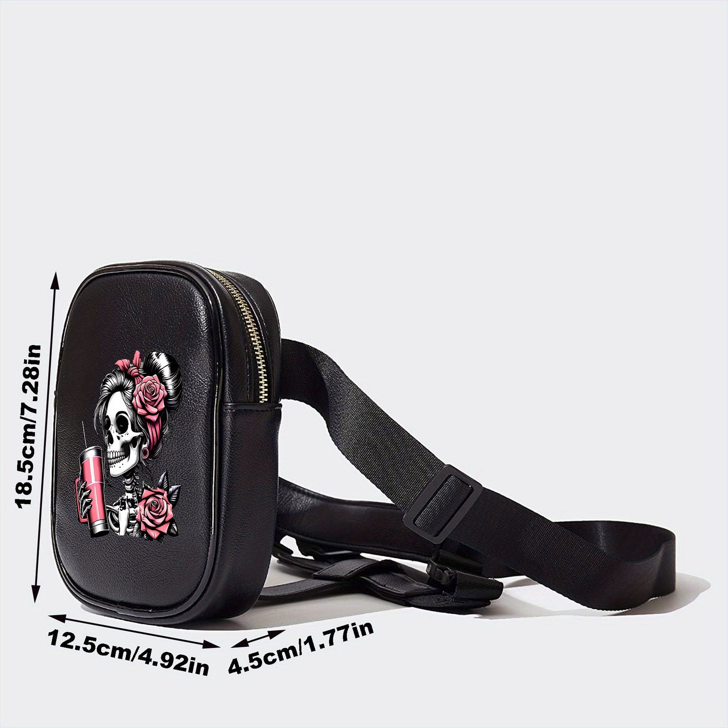 Gothic Skull Print Adjustable Waist Bag - Lightweight Foldable Nylon Sports Pack for Running Cycling Fitness, Black with Pink Roses & Straws Design, Multi-Functional Phone Storage Mini Leg Pack, Cycling Storage Bag | Edgy Fas