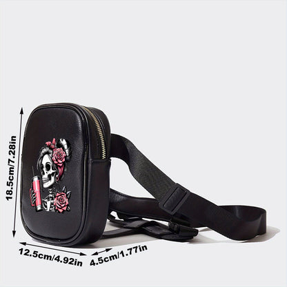Gothic Skull Print Adjustable Waist Bag - Lightweight Foldable Nylon Sports Pack for Running Cycling Fitness, Black with Pink Roses & Straws Design, Multi-Functional Phone Storage Mini Leg Pack, Cycling Storage Bag | Edgy Fas
